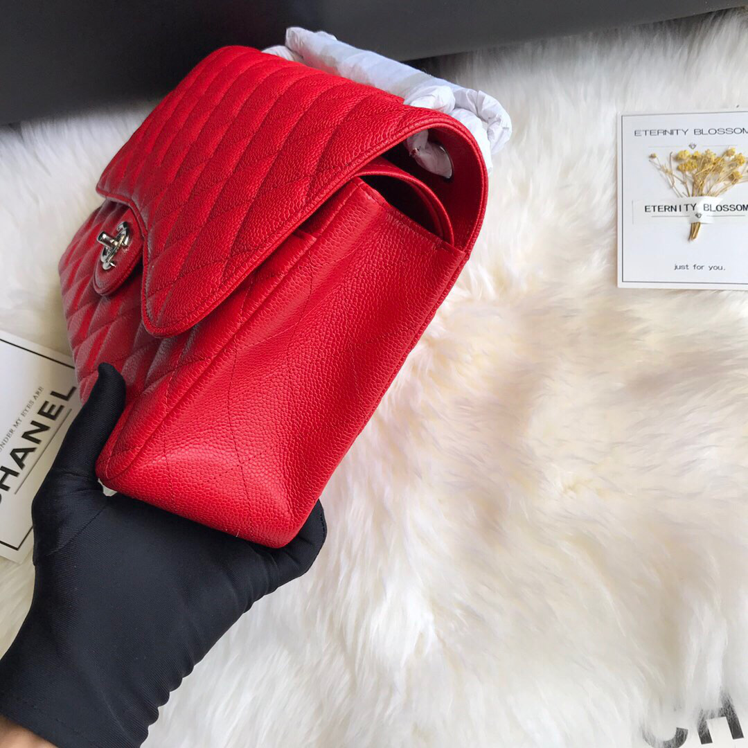 Ch**el Caviar Flap Bag in Red 30cm with Silver Hardware