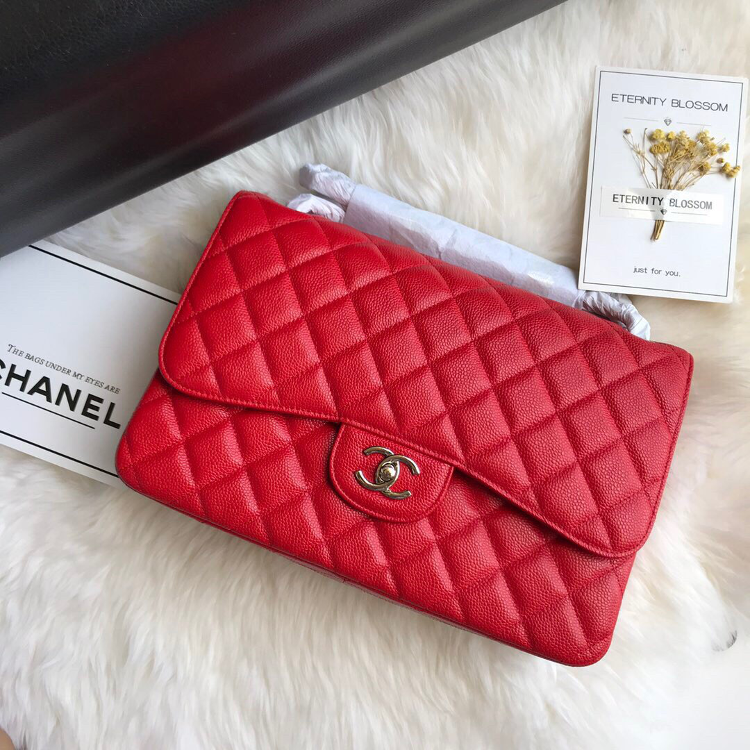 Ch**el Caviar Flap Bag in Red 30cm with Silver Hardware