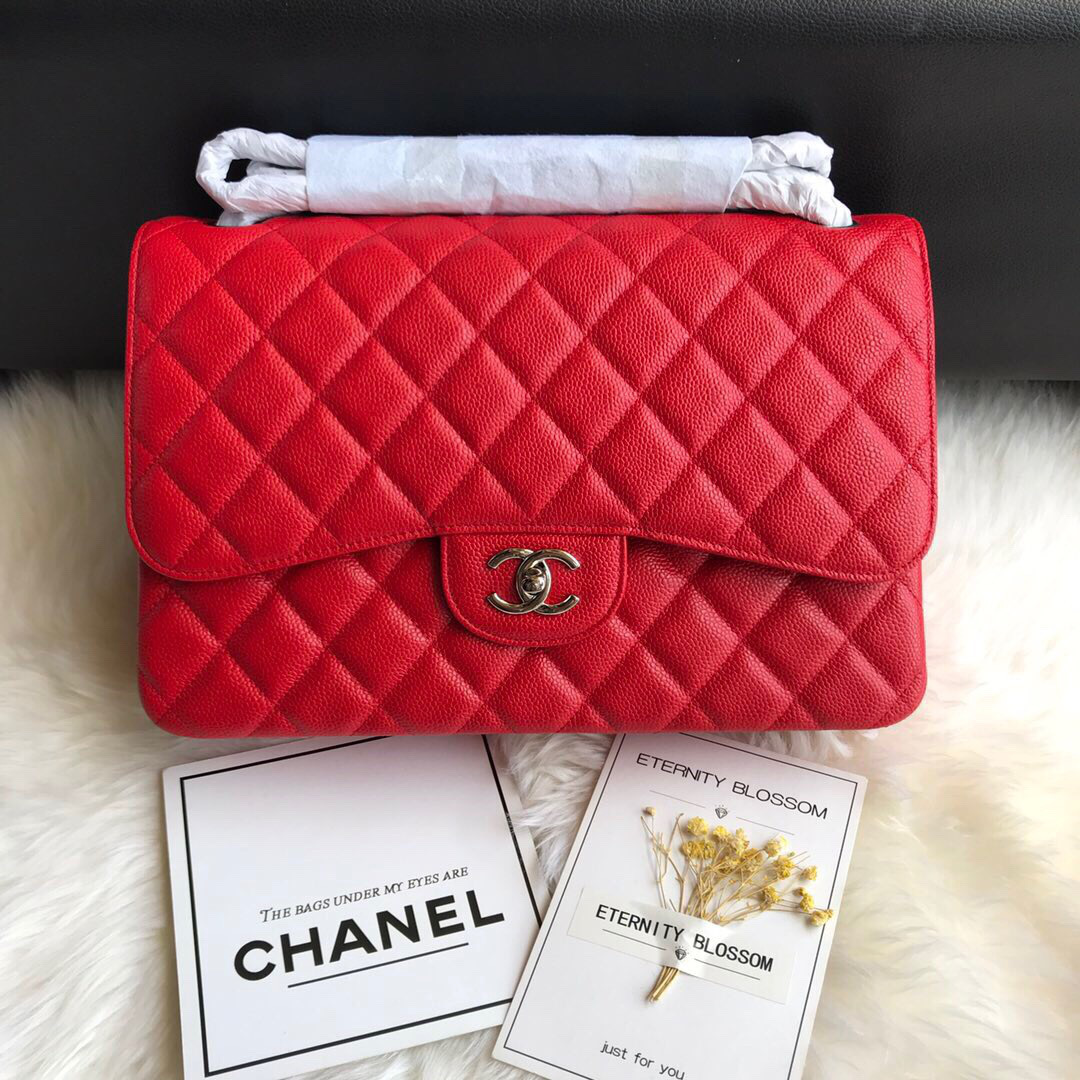 Ch**el Caviar Flap Bag in Red 30cm with Silver Hardware