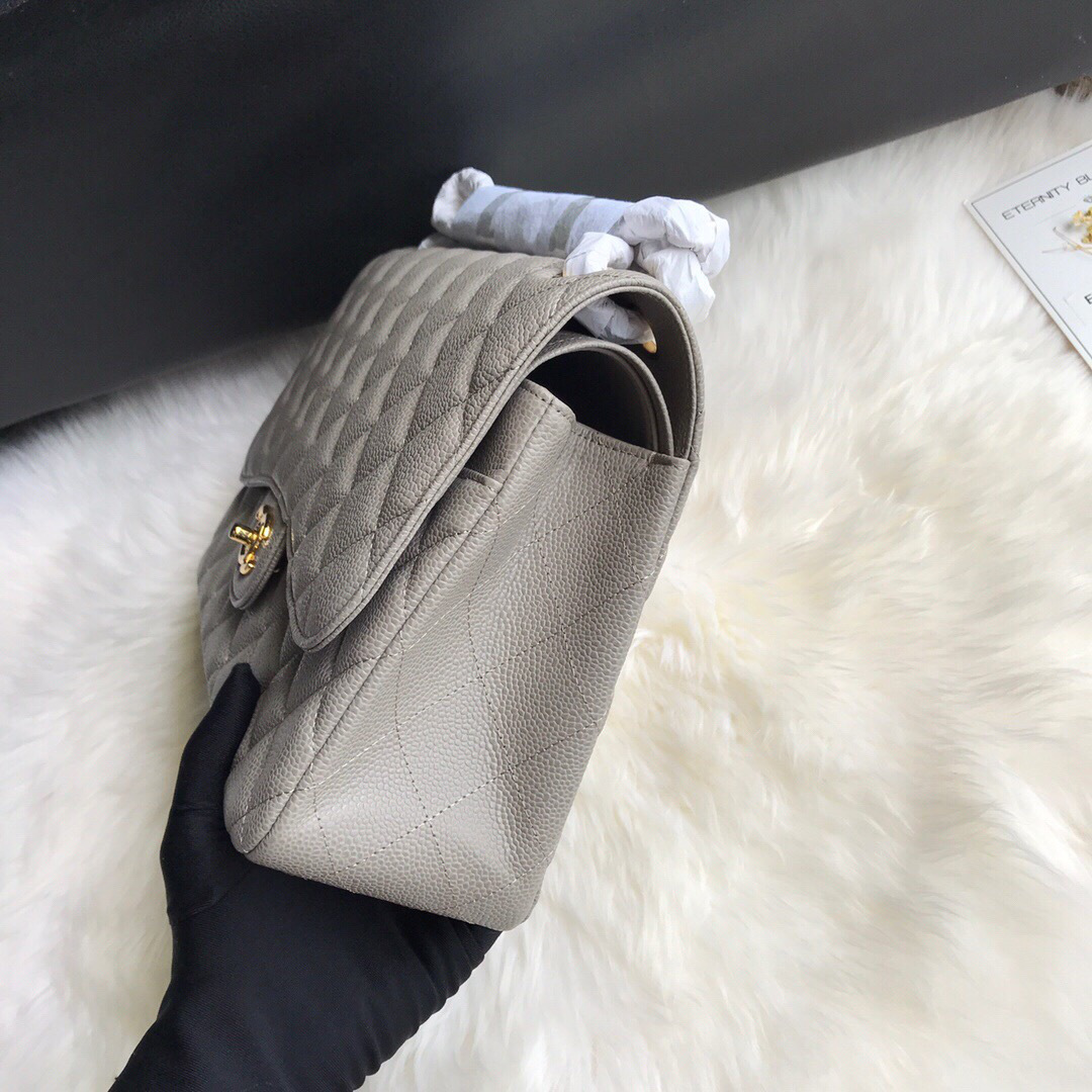 Ch**el Caviar Flap Bag in Gray 30cm with Gold Hardware