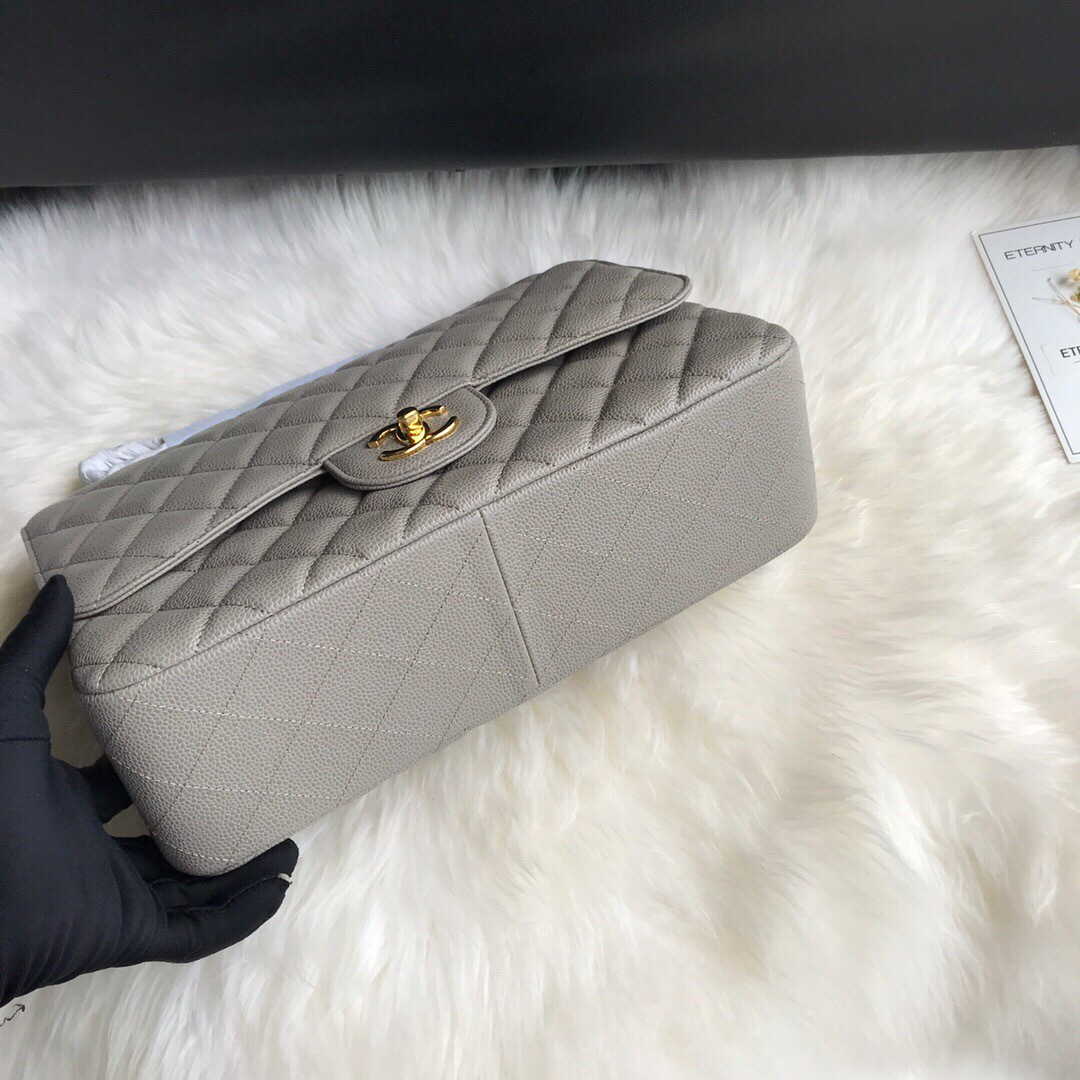 Ch**el Caviar Flap Bag in Gray 30cm with Gold Hardware