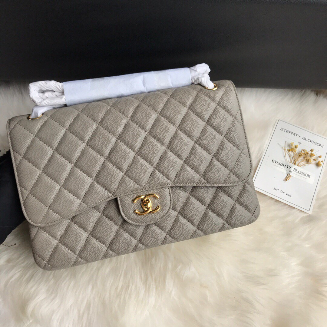 Ch**el Caviar Flap Bag in Gray 30cm with Gold Hardware