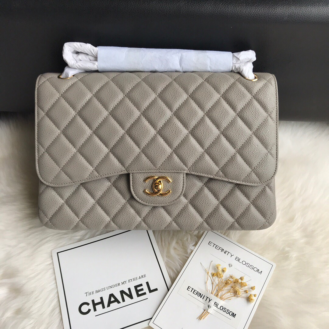 Ch**el Caviar Flap Bag in Gray 30cm with Gold Hardware