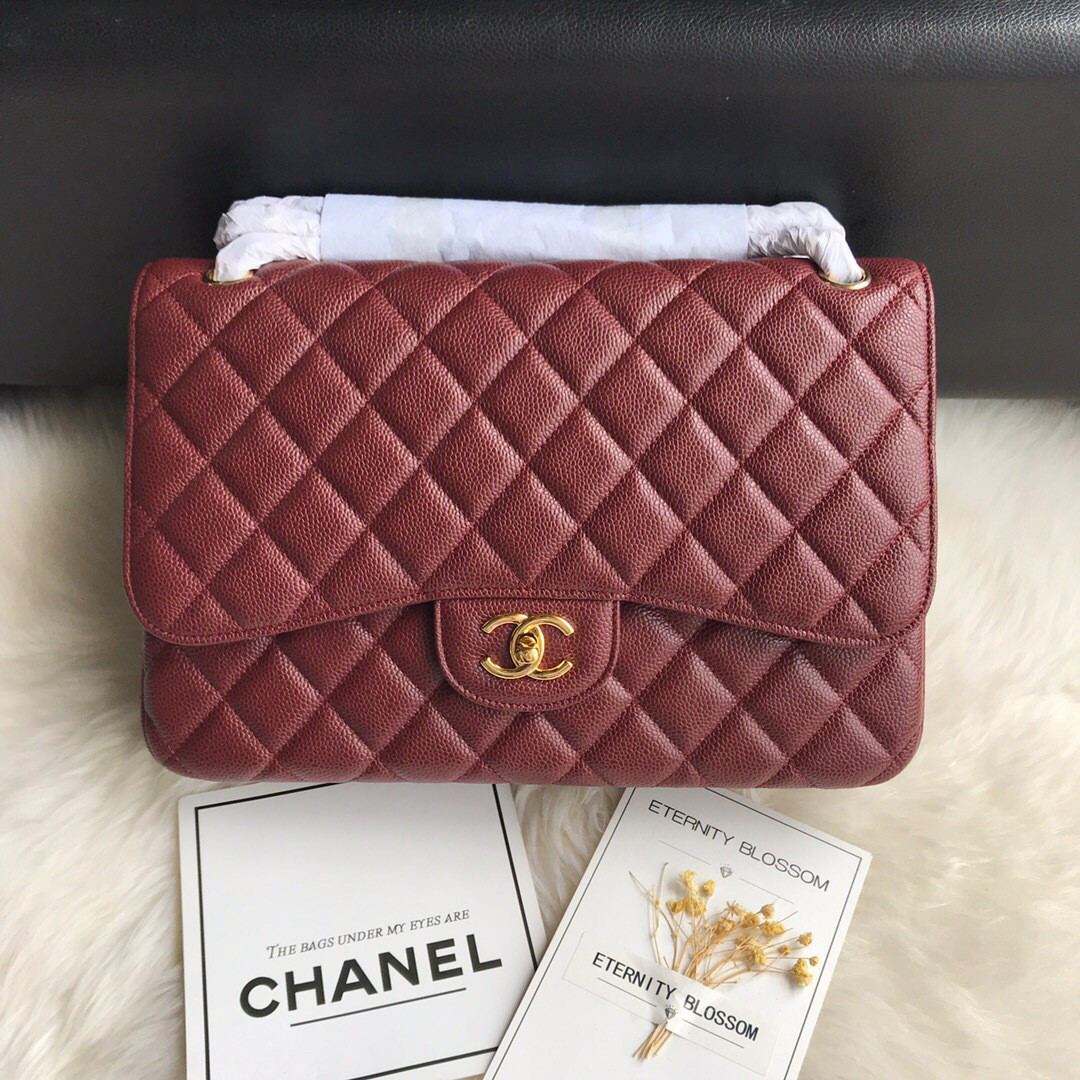 Ch**el Caviar Flap Bag in Wine Red 30cm with Gold Hardware