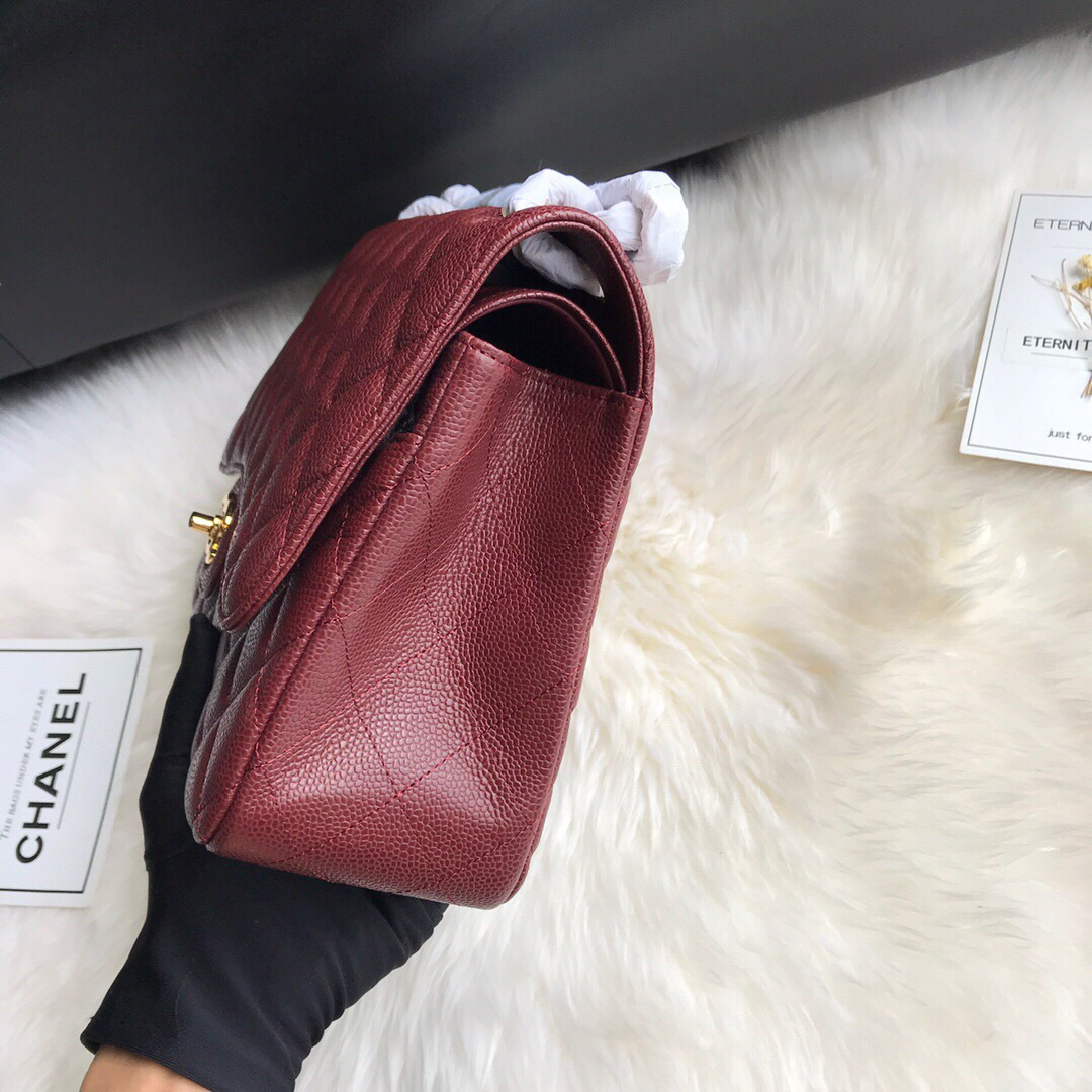 Ch**el Caviar Flap Bag in Wine Red 30cm with Gold Hardware