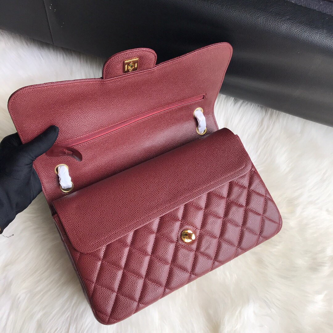 Ch**el Caviar Flap Bag in Wine Red 30cm with Gold Hardware