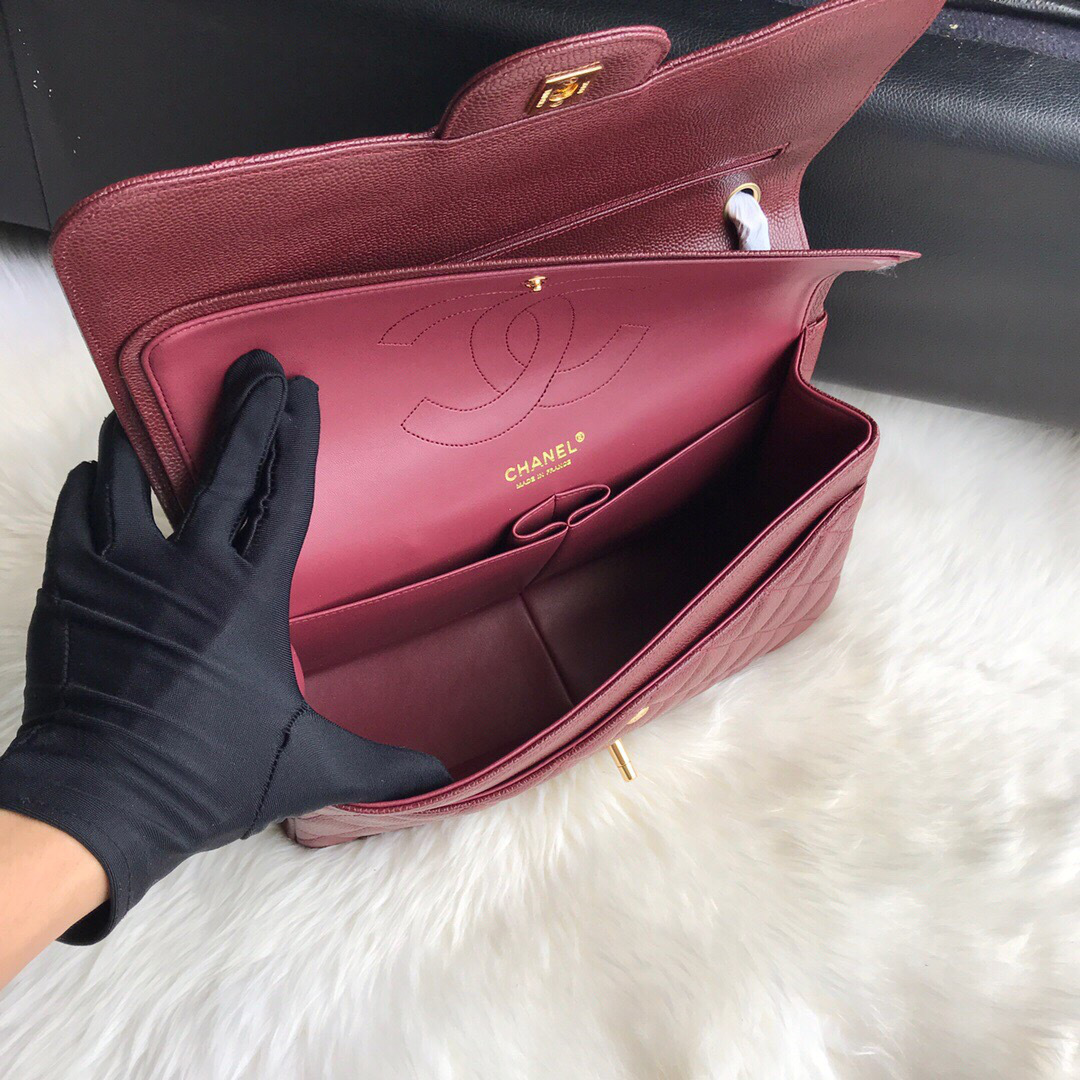 Ch**el Caviar Flap Bag in Wine Red 30cm with Gold Hardware