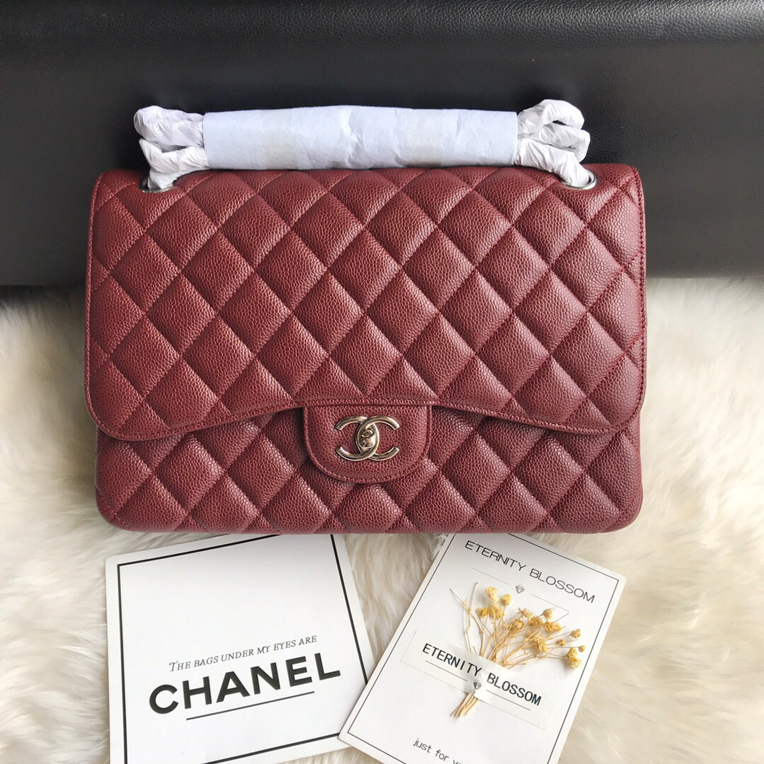 Ch**el Caviar Flap Bag in Wine Red 30cm with Silver Hardware