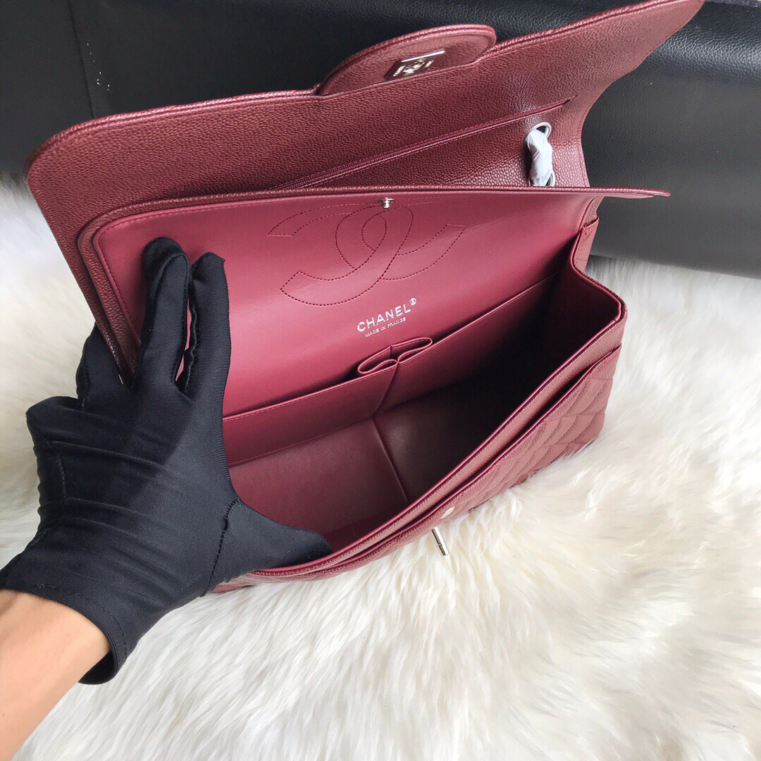 Ch**el Caviar Flap Bag in Wine Red 30cm with Silver Hardware