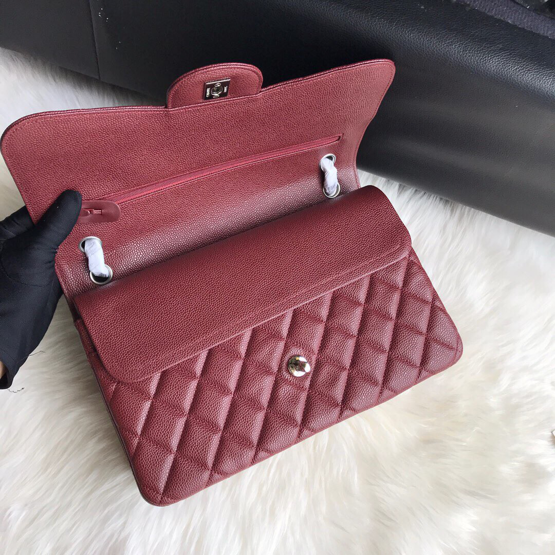 Ch**el Caviar Flap Bag in Wine Red 30cm with Silver Hardware