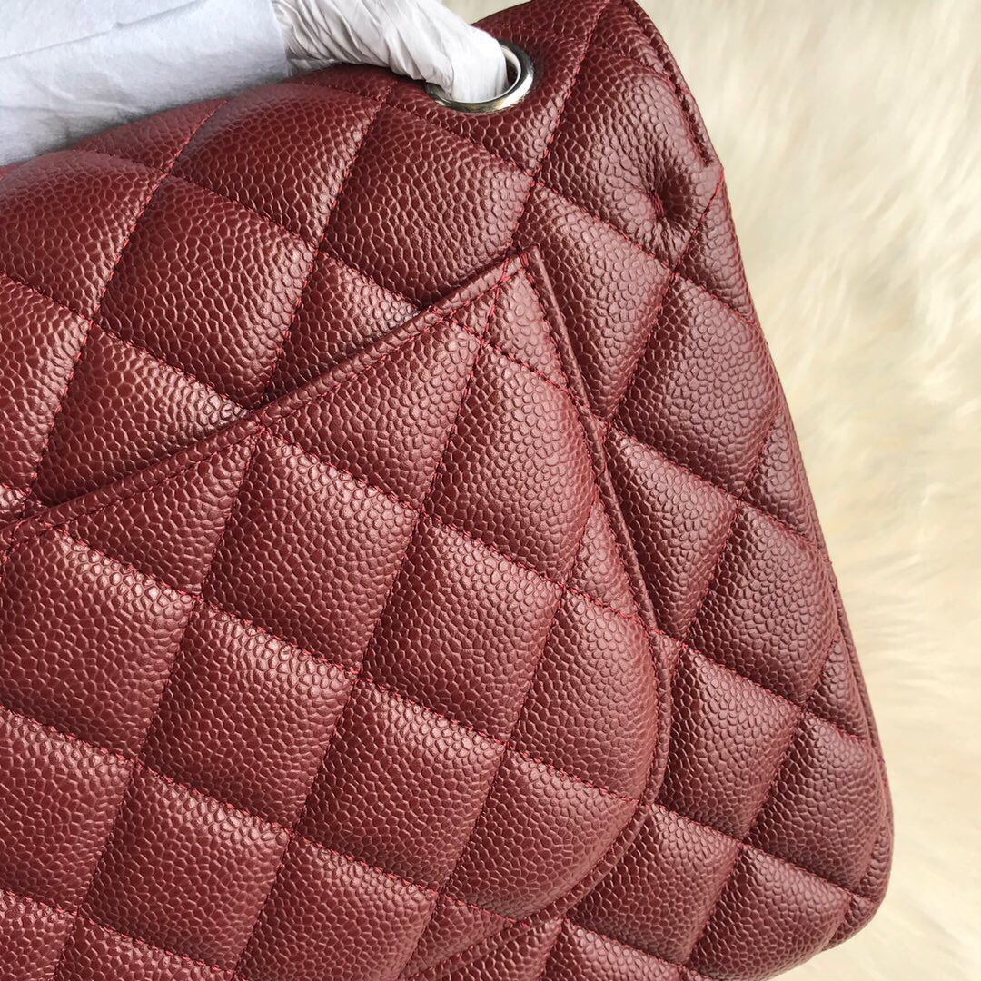 Ch**el Caviar Flap Bag in Wine Red 30cm with Silver Hardware