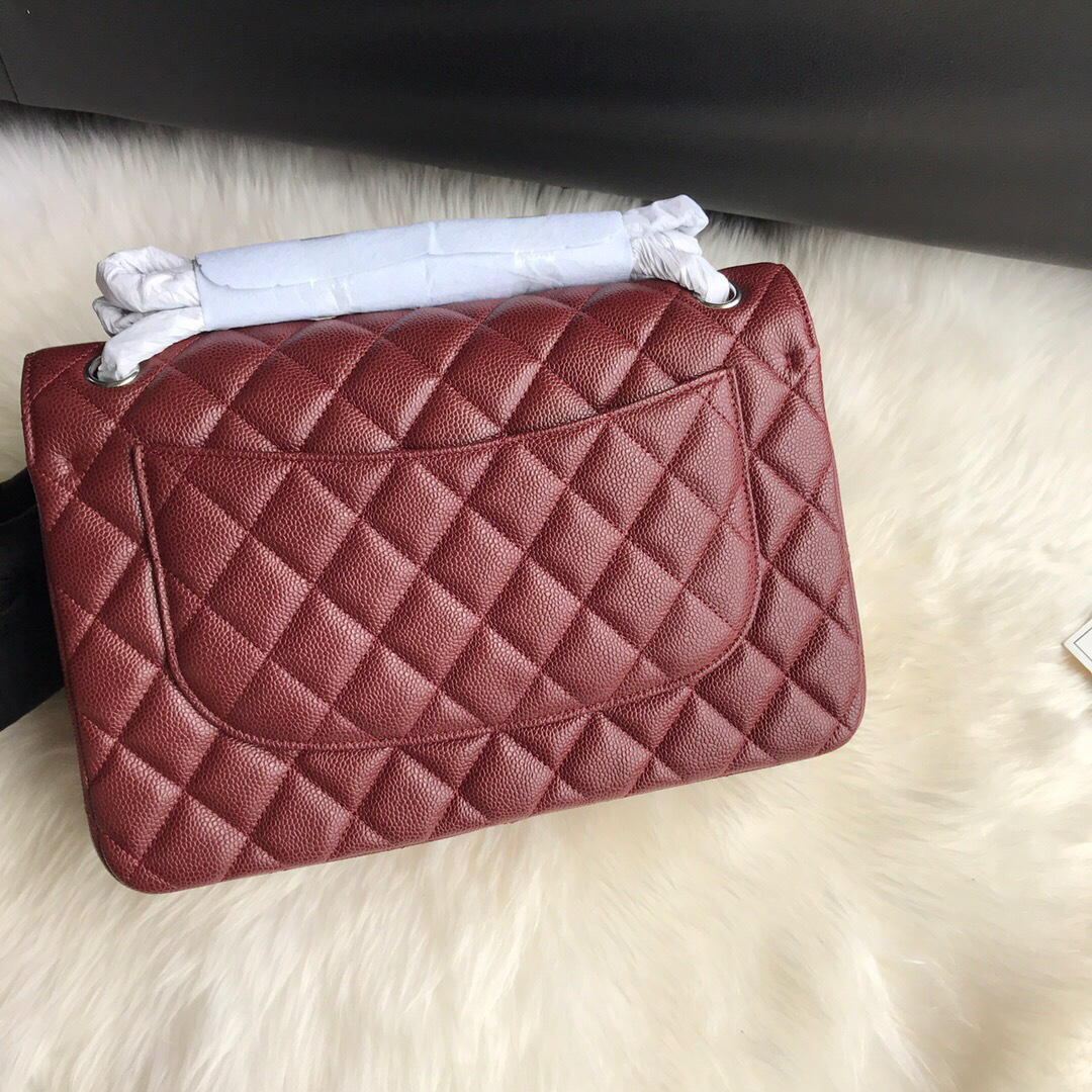 Ch**el Caviar Flap Bag in Wine Red 30cm with Silver Hardware