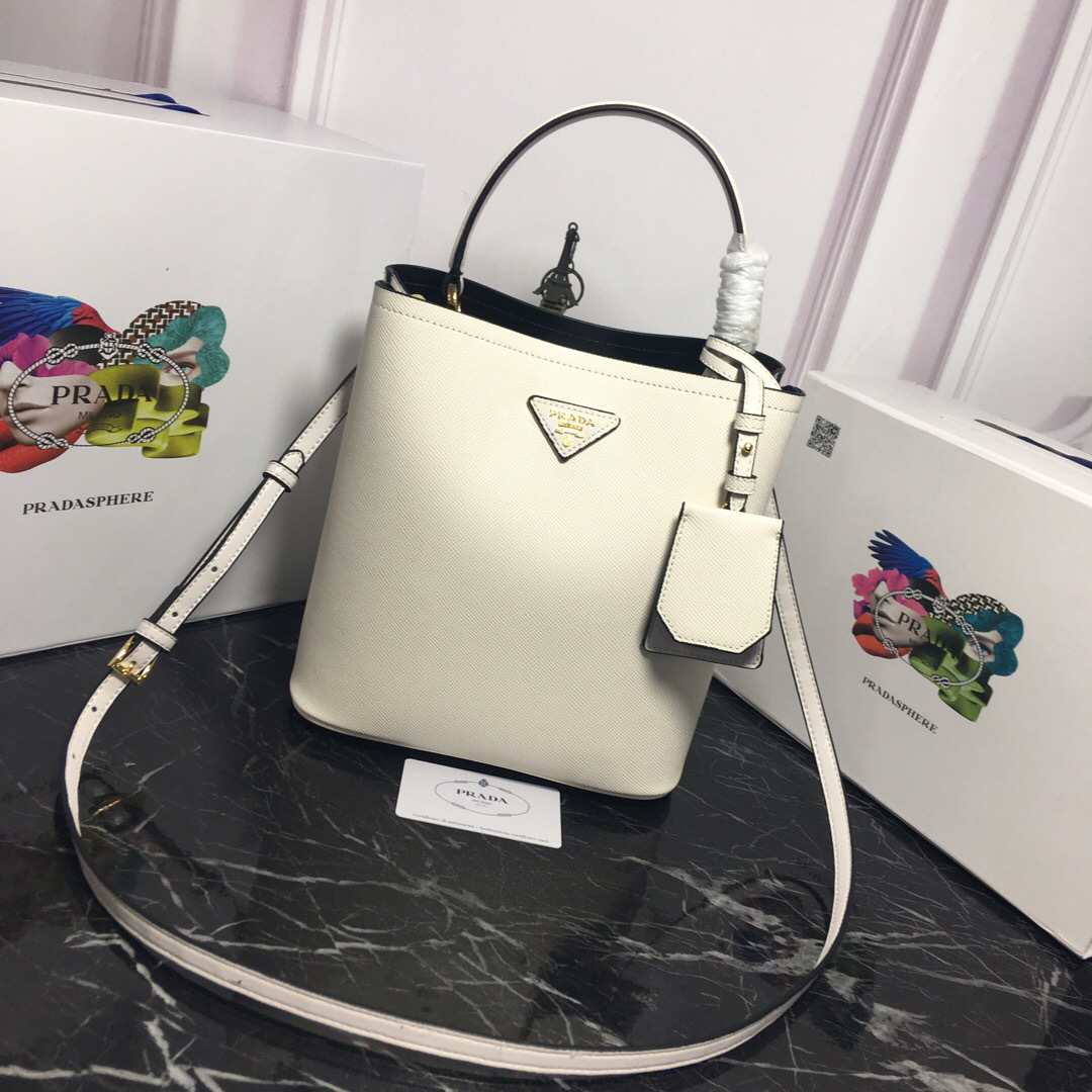 Pra*a Double Saffiano Bucket Bag 1BA212 White