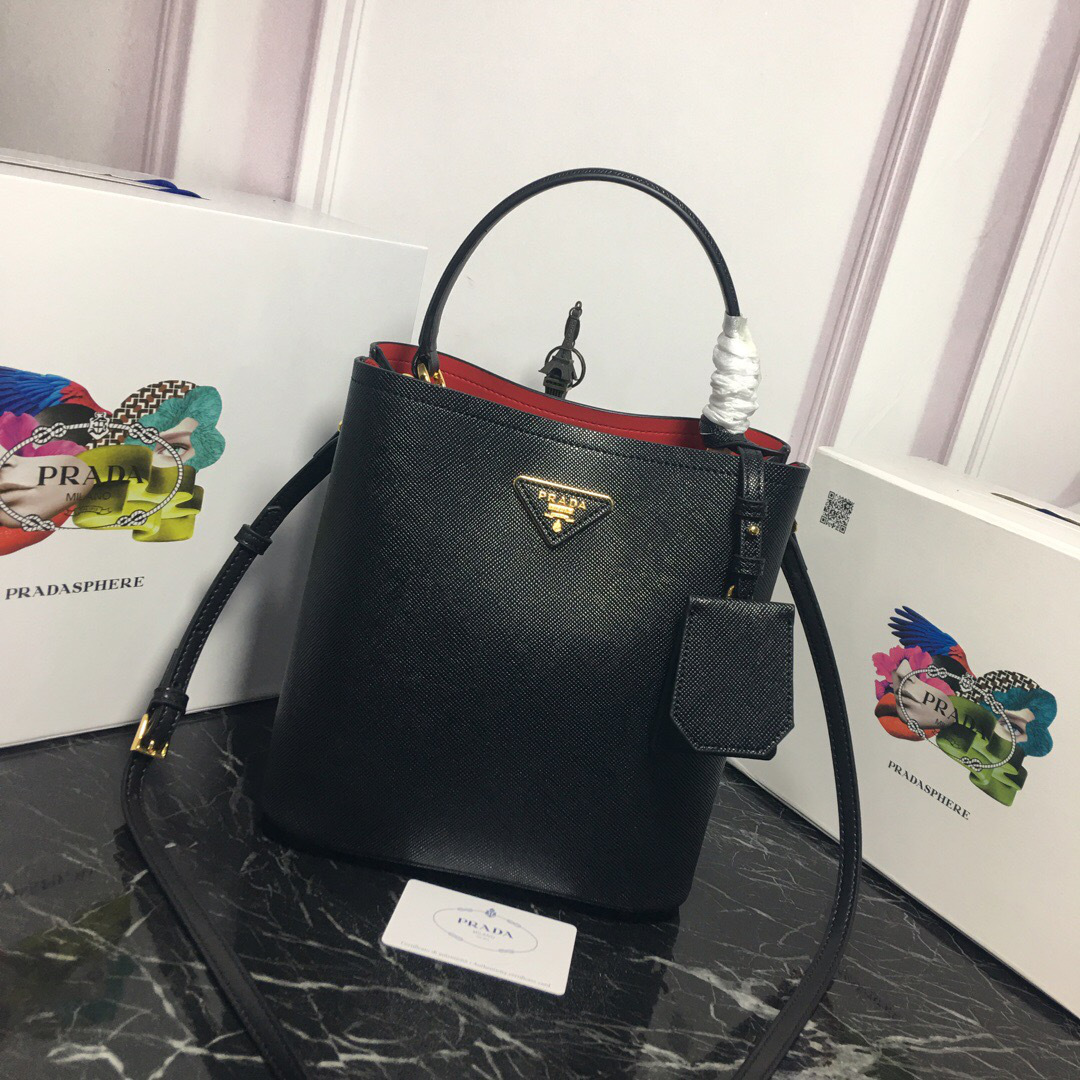 Pra*a Double Saffiano Bucket Bag 1BA212 Black