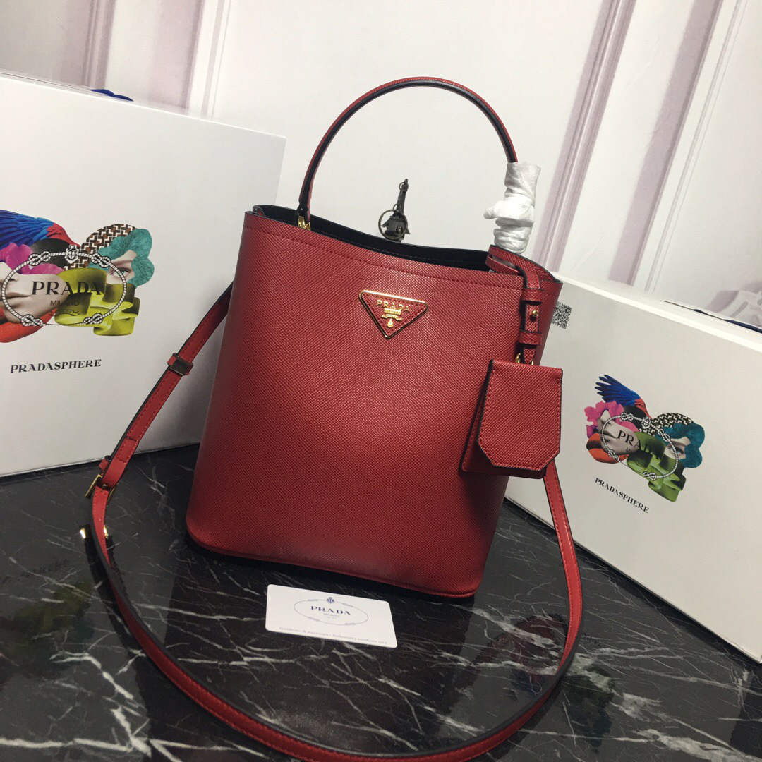 Pra*a Double Saffiano Bucket Bag 1BA212 Red