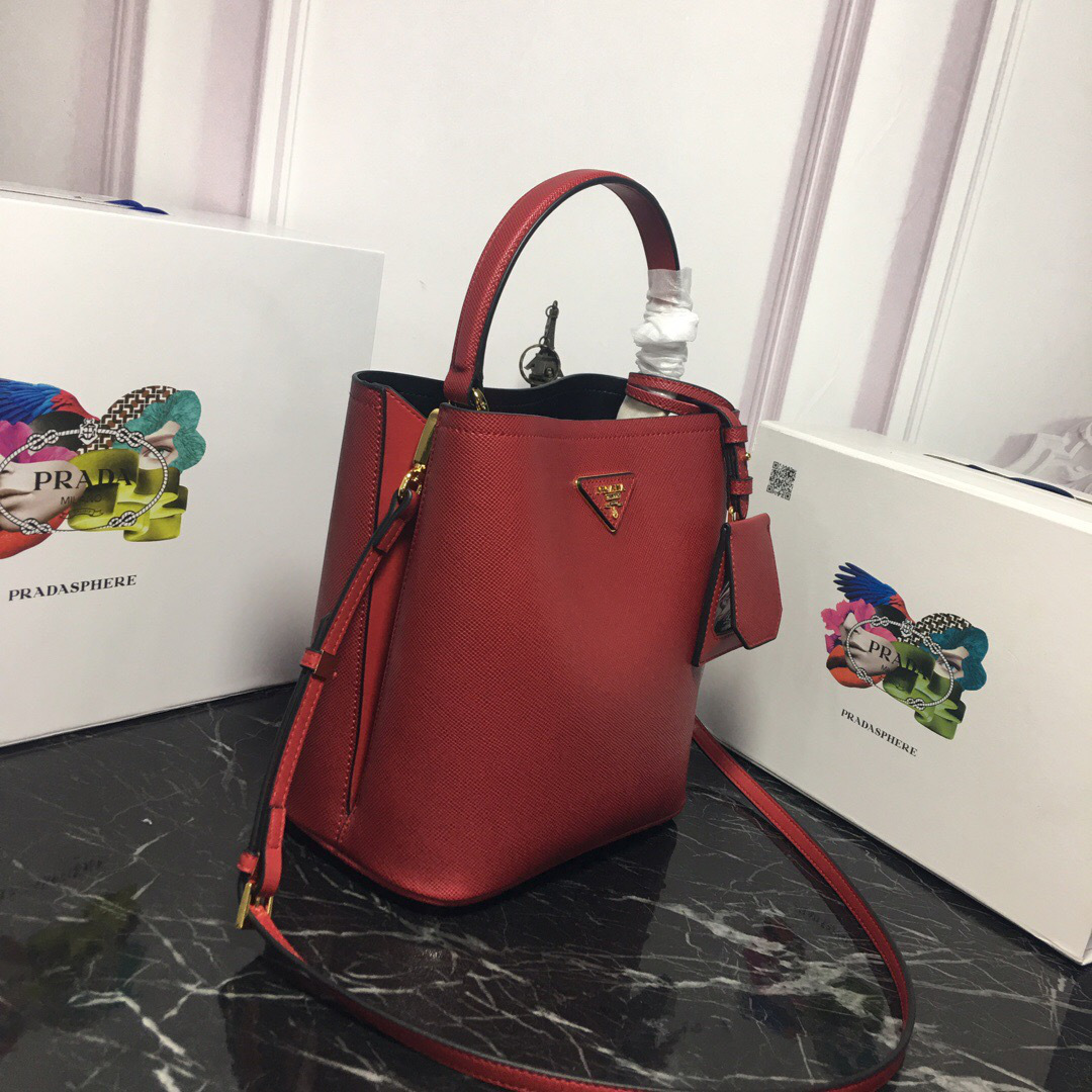 Pra*a Double Saffiano Bucket Bag 1BA212 Red
