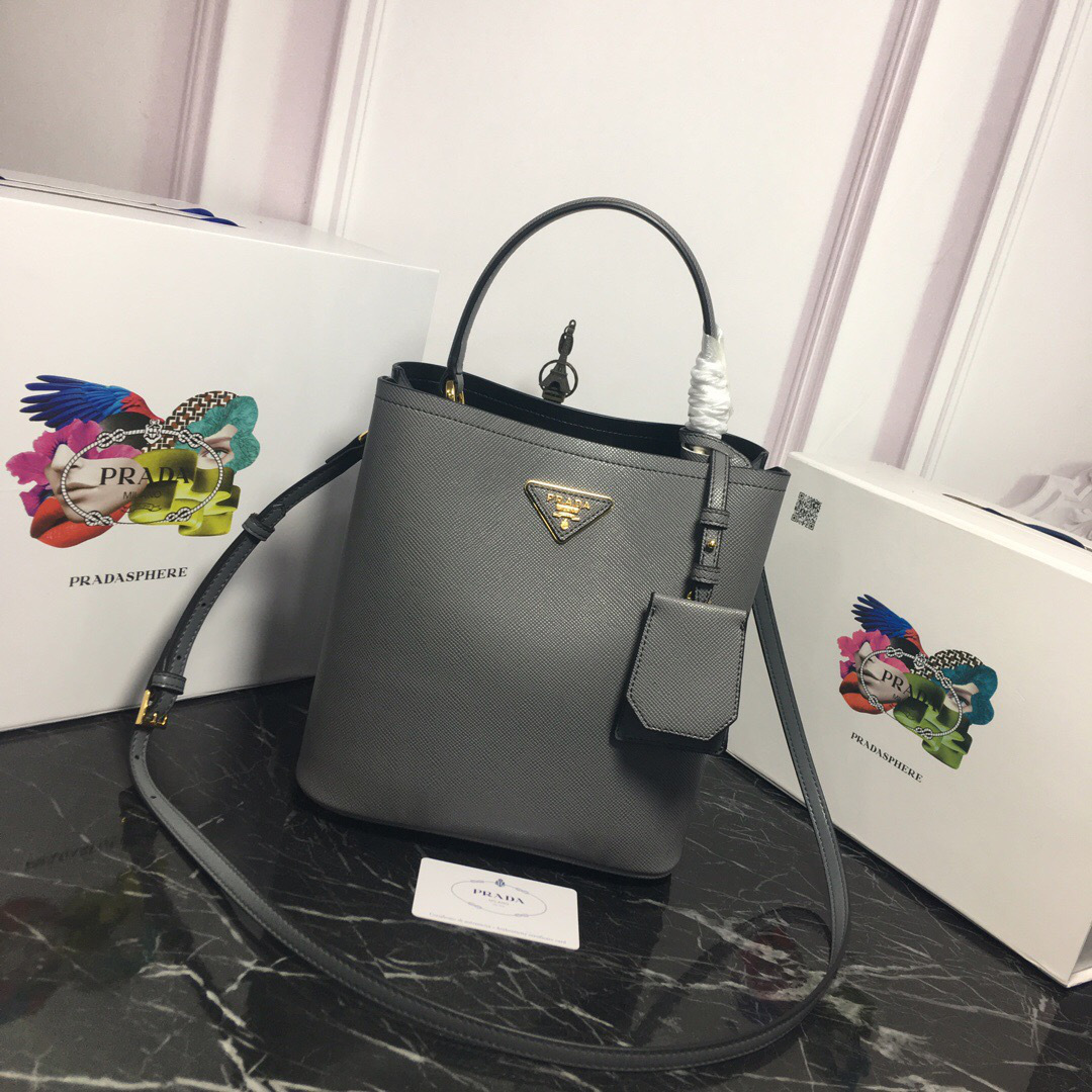 Pra*a Double Saffiano Bucket Bag 1BA212 Gray