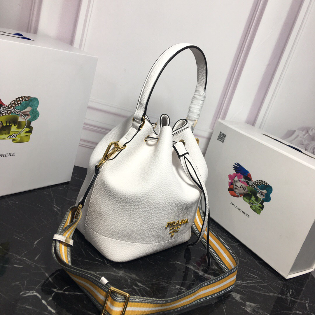 Pra*a Original Calfskin leather Bucket Bag 1BE018 White