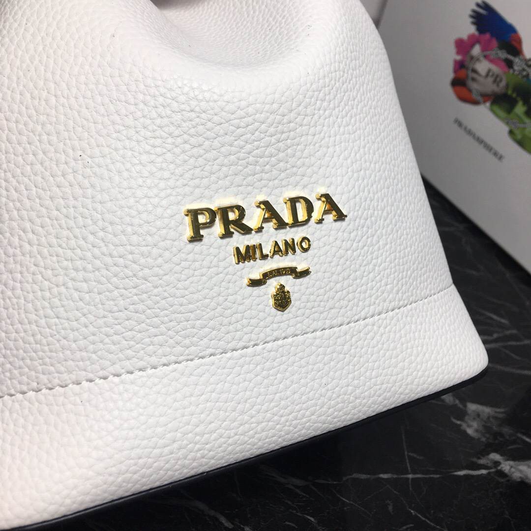Pra*a Original Calfskin leather Bucket Bag 1BE018 White