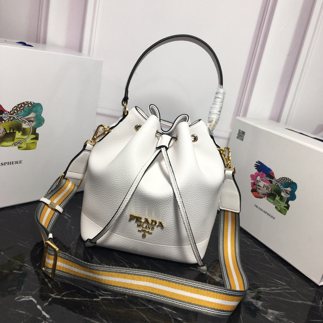 Pra*a Original Calfskin leather Bucket Bag 1BE018 White
