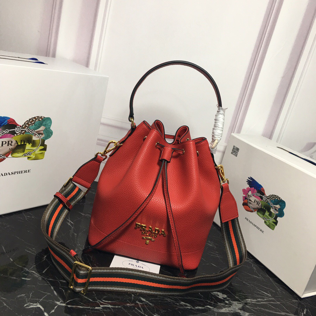 Pra*a Original Calfskin leather Bucket Bag 1BE018 Red