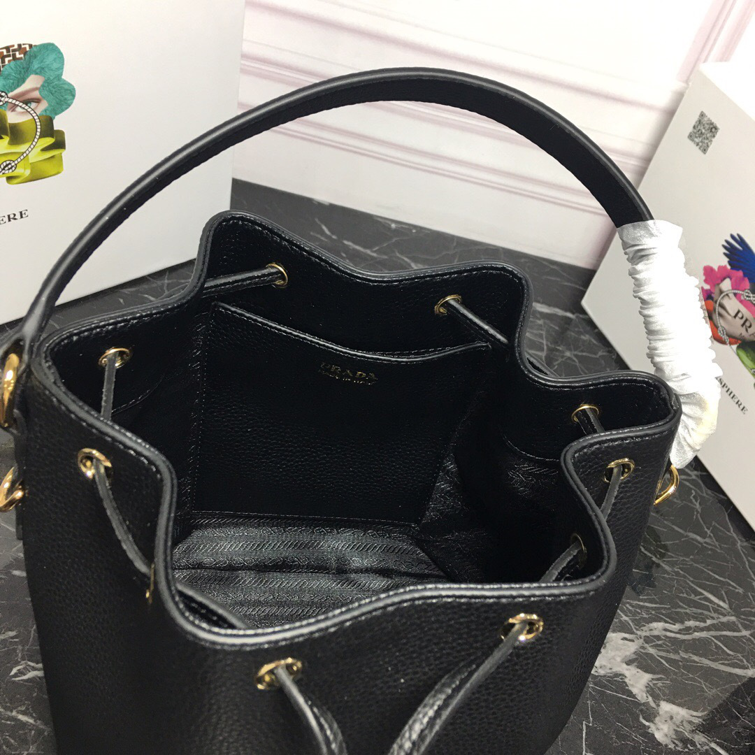 Pra*a Original Calfskin leather Bucket Bag 1BE018 Black