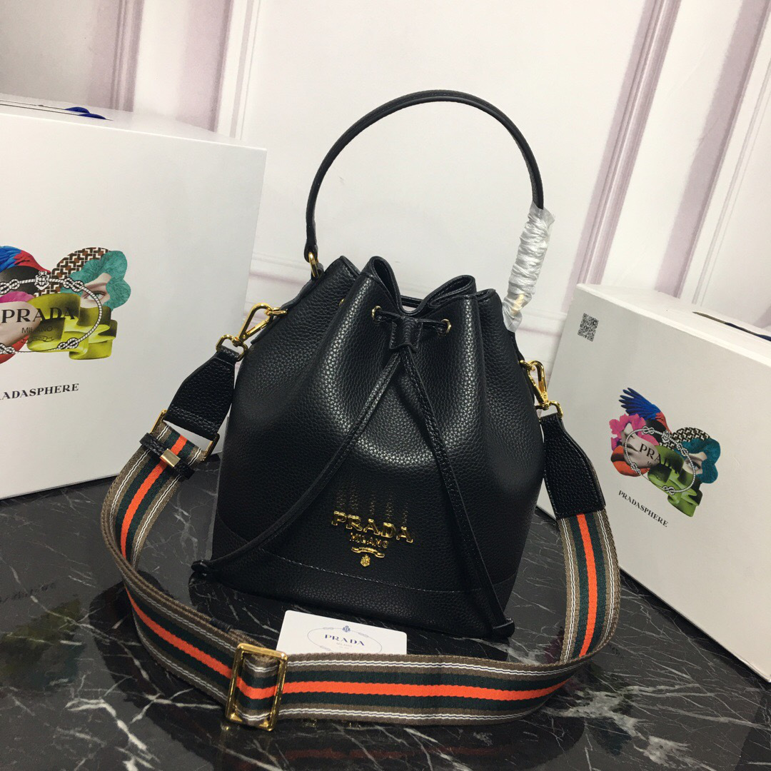 Pra*a Original Calfskin leather Bucket Bag 1BE018 Black