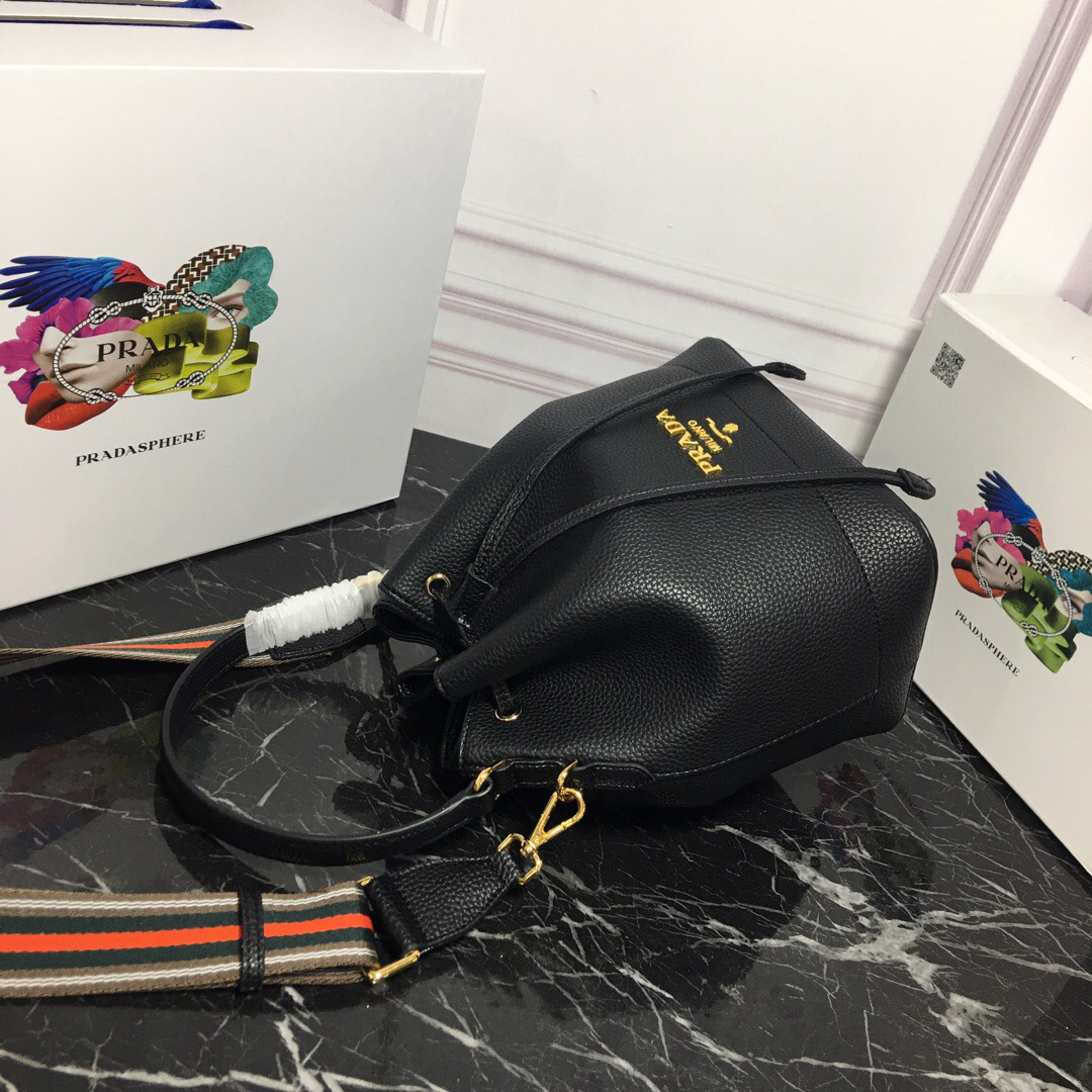 Pra*a Original Calfskin leather Bucket Bag 1BE018 Black