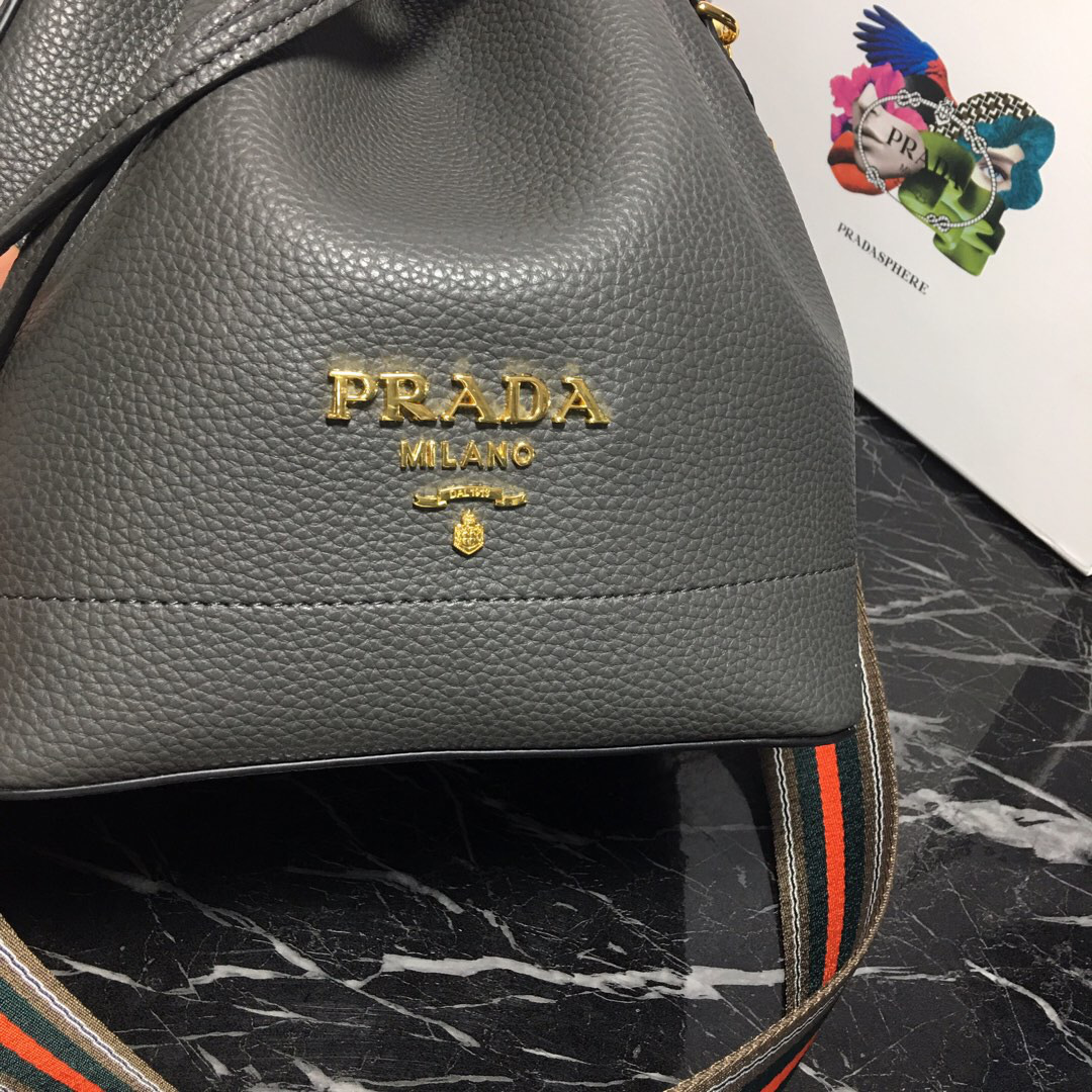 Pra*a Original Calfskin leather Bucket Bag 1BE018 Gray