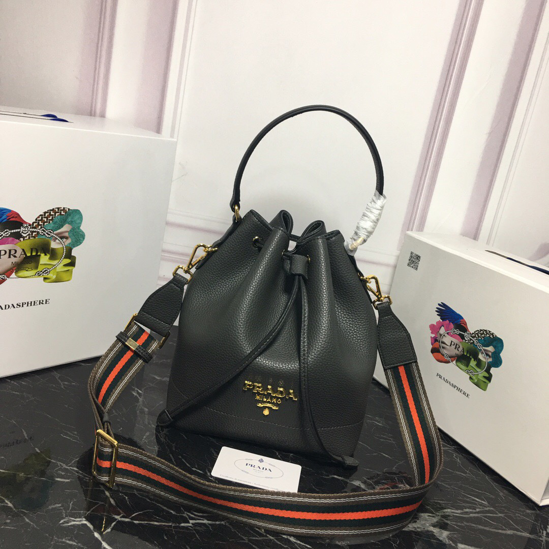 Pra*a Original Calfskin leather Bucket Bag 1BE018 Gray