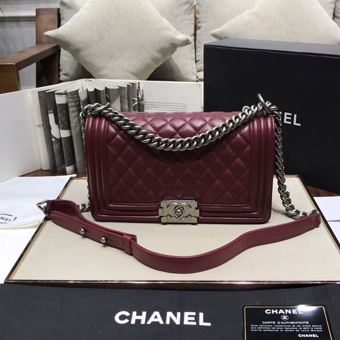 Ch**el Leboy Lambskin Bag in Wine Red with Silver Hardware 67086