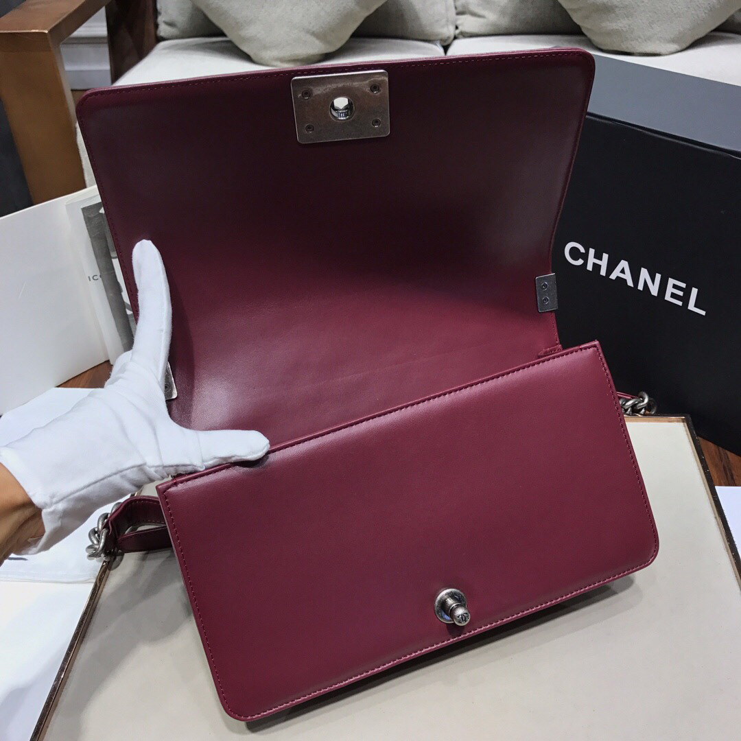 Ch**el Leboy Lambskin Bag in Wine Red with Silver Hardware 67086