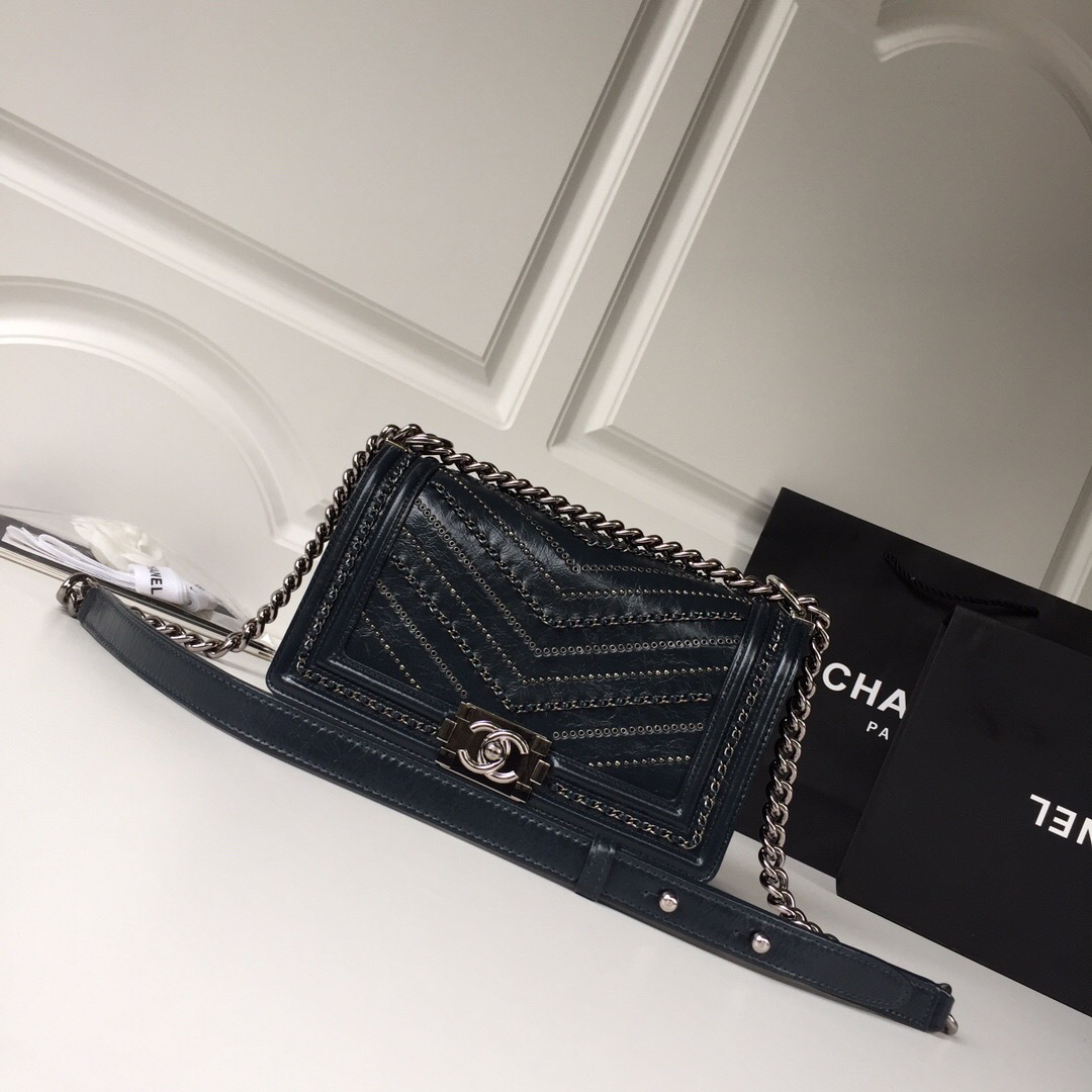 Ch**el leboy calfskin bag in blue with silver hardware 25cm