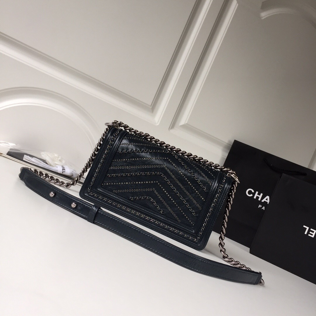 Ch**el leboy calfskin bag in blue with silver hardware 25cm