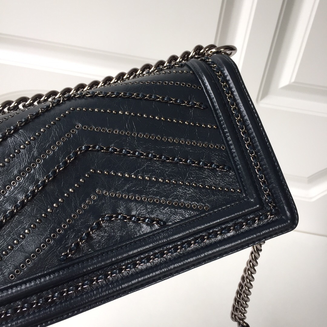 Ch**el leboy calfskin bag in blue with silver hardware 25cm