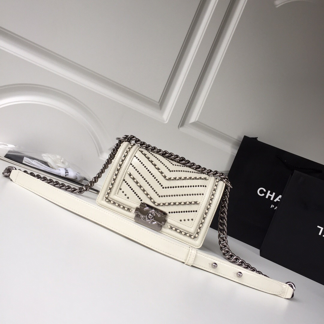 Ch**el leboy calfskin bag in beige with silver hardware 20cm