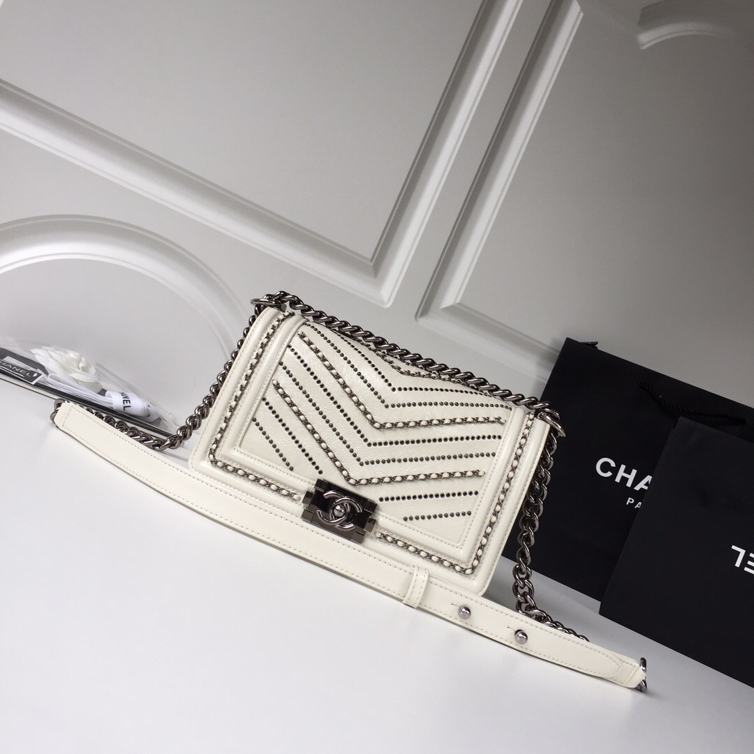 Ch**el leboy calfskin bag in beige with silver hardware 25cm