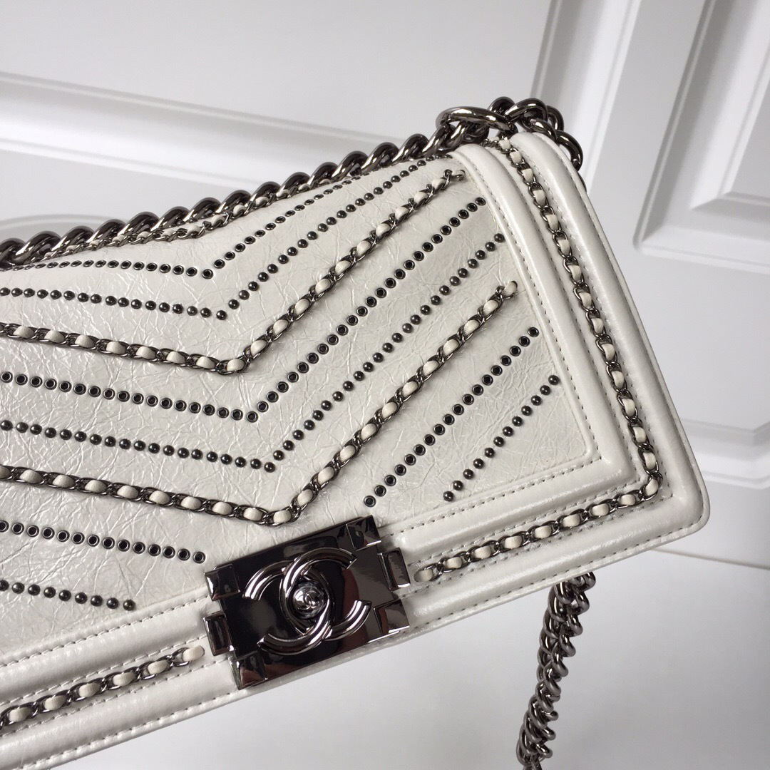 Ch**el leboy calfskin bag in beige with silver hardware 25cm