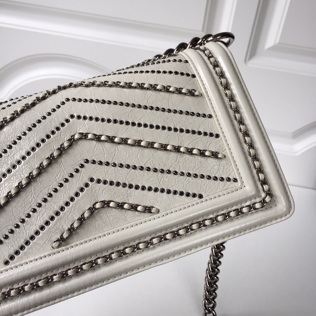 Ch**el leboy calfskin bag in beige with silver hardware 25cm