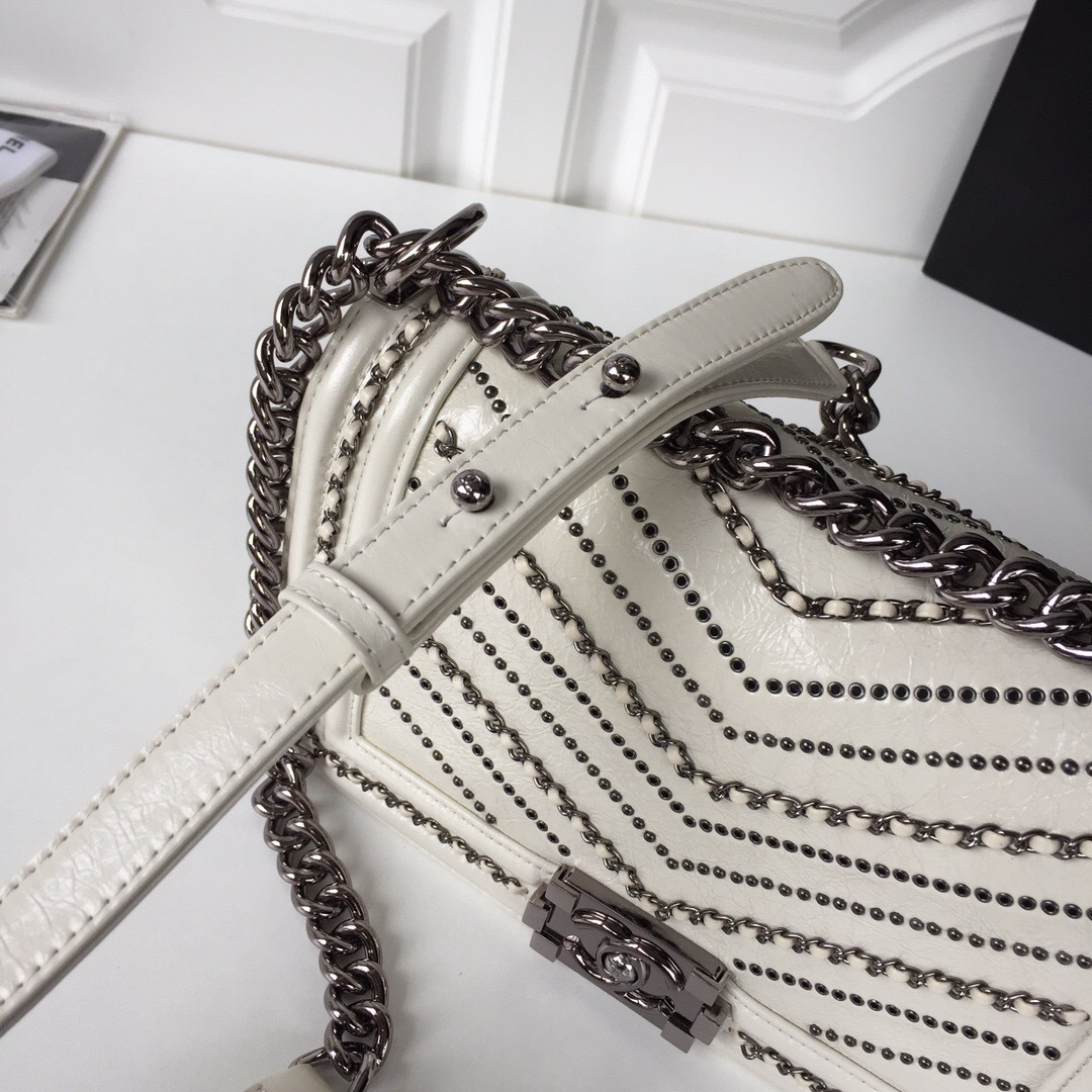 Ch**el leboy calfskin bag in beige with silver hardware 25cm