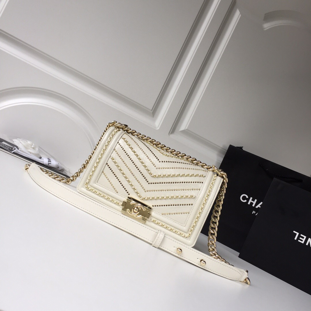 Ch**el leboy calfskin bag in beige with gold hardware 25cm