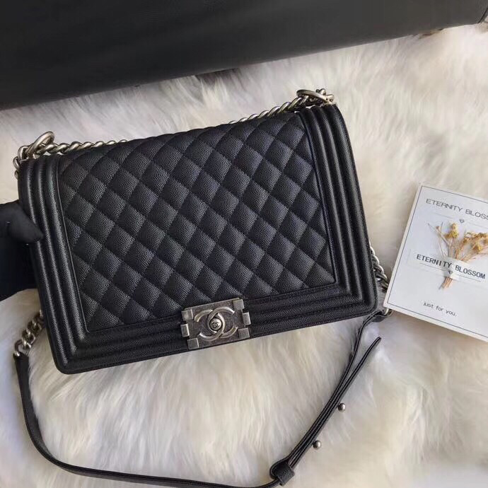 Ch**el leboy calfskin bag in black with silver hardware 28cm