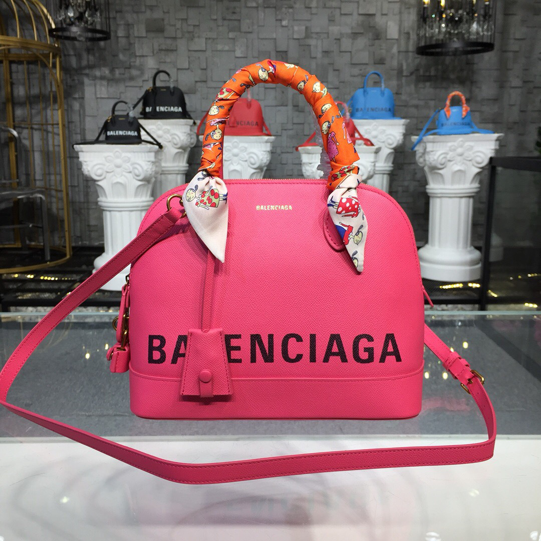 Ba1en*iaga Ville Medium graffiti logo calfskin bag Rose Red 18SS