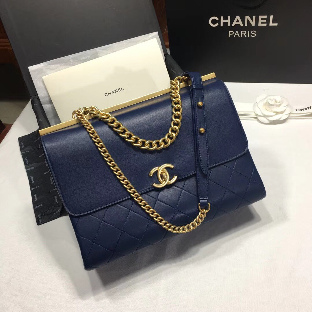 Ch**el Classic Lambskin Large Handbag A01112 Blue