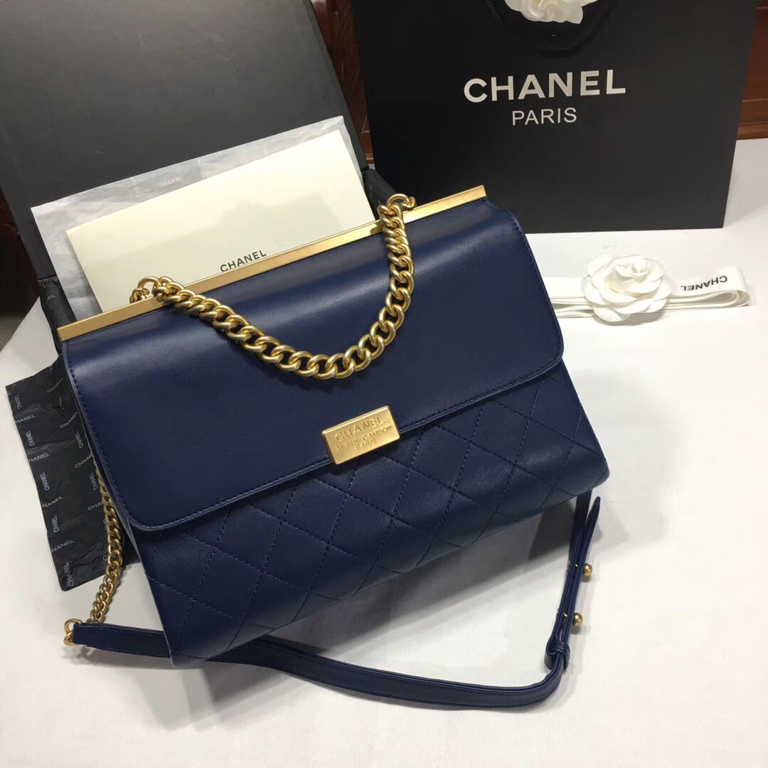 Ch**el Classic Lambskin Large Handbag A01112 Blue
