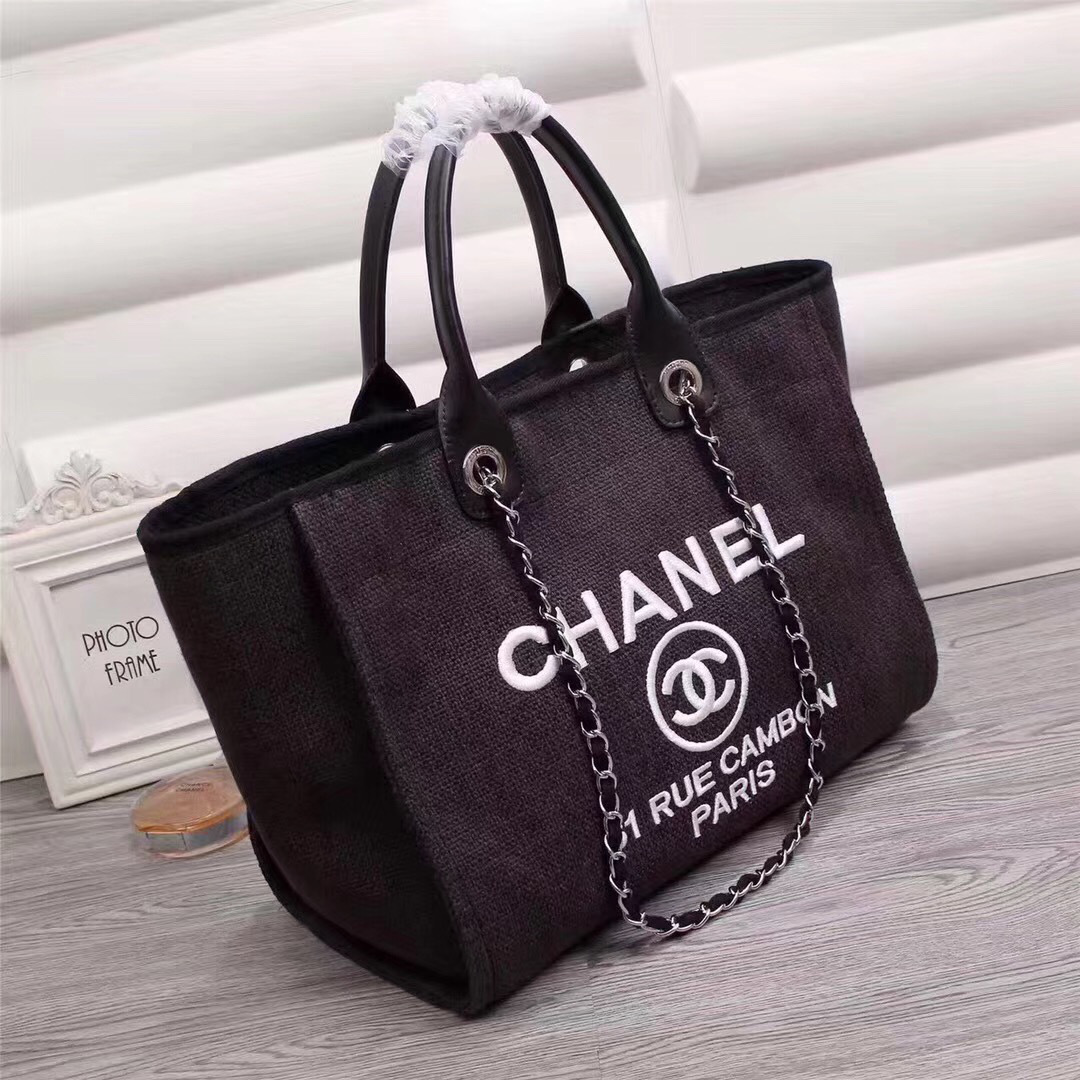 Ch**el Canvas Large Deauville Tote Bag Black A66942