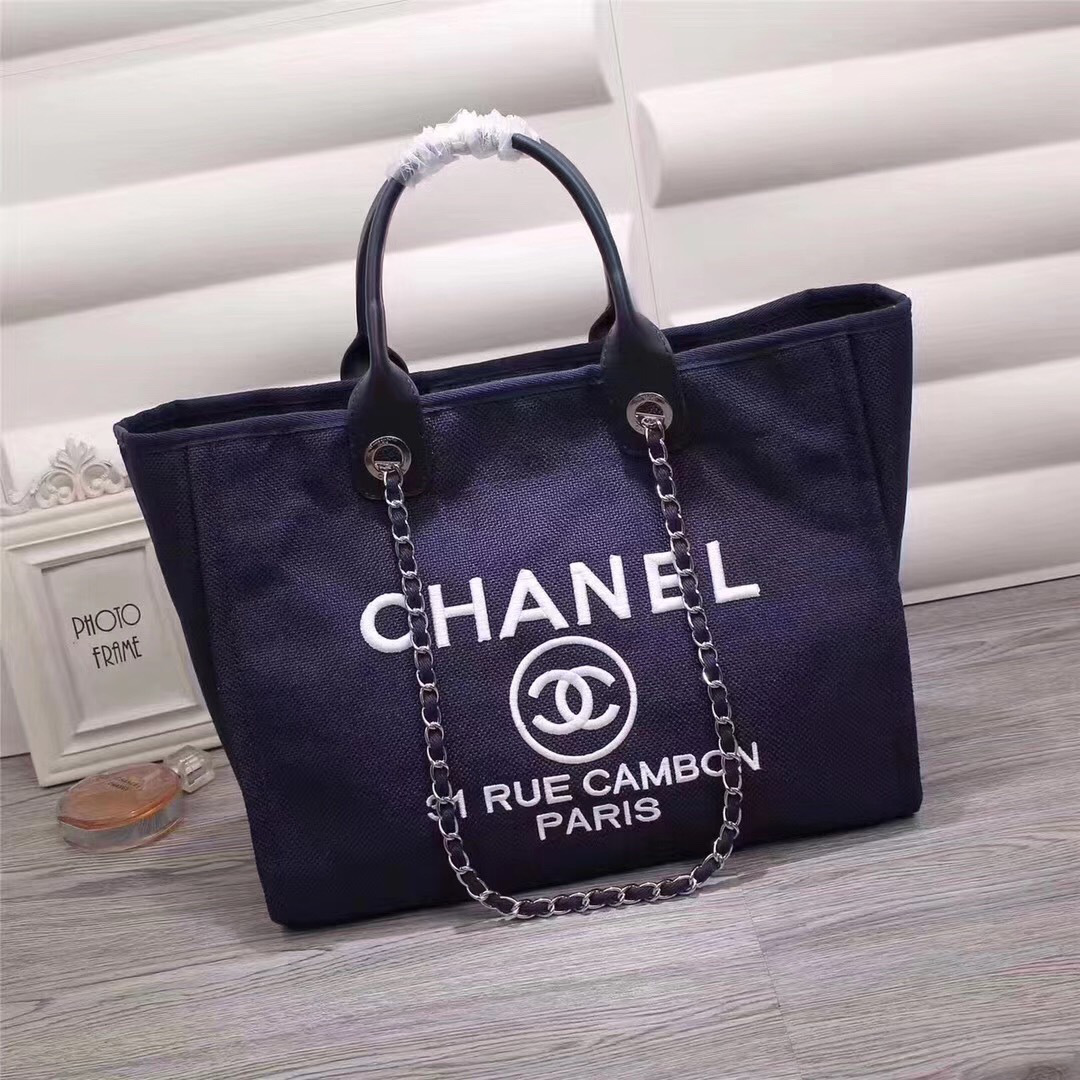 Ch**el Canvas Large Deauville Tote Bag Blue A66942