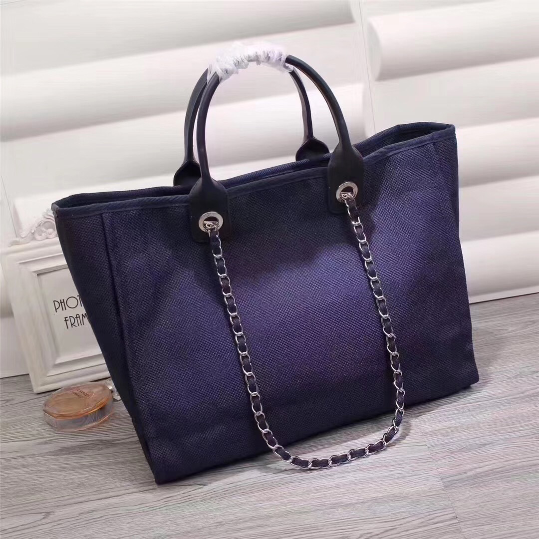 Ch**el Canvas Large Deauville Tote Bag Blue A66942