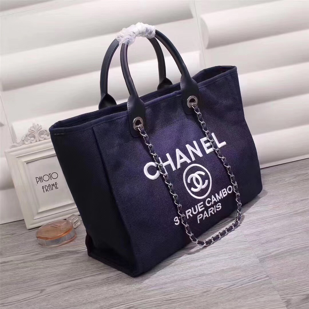 Ch**el Canvas Large Deauville Tote Bag Blue A66942