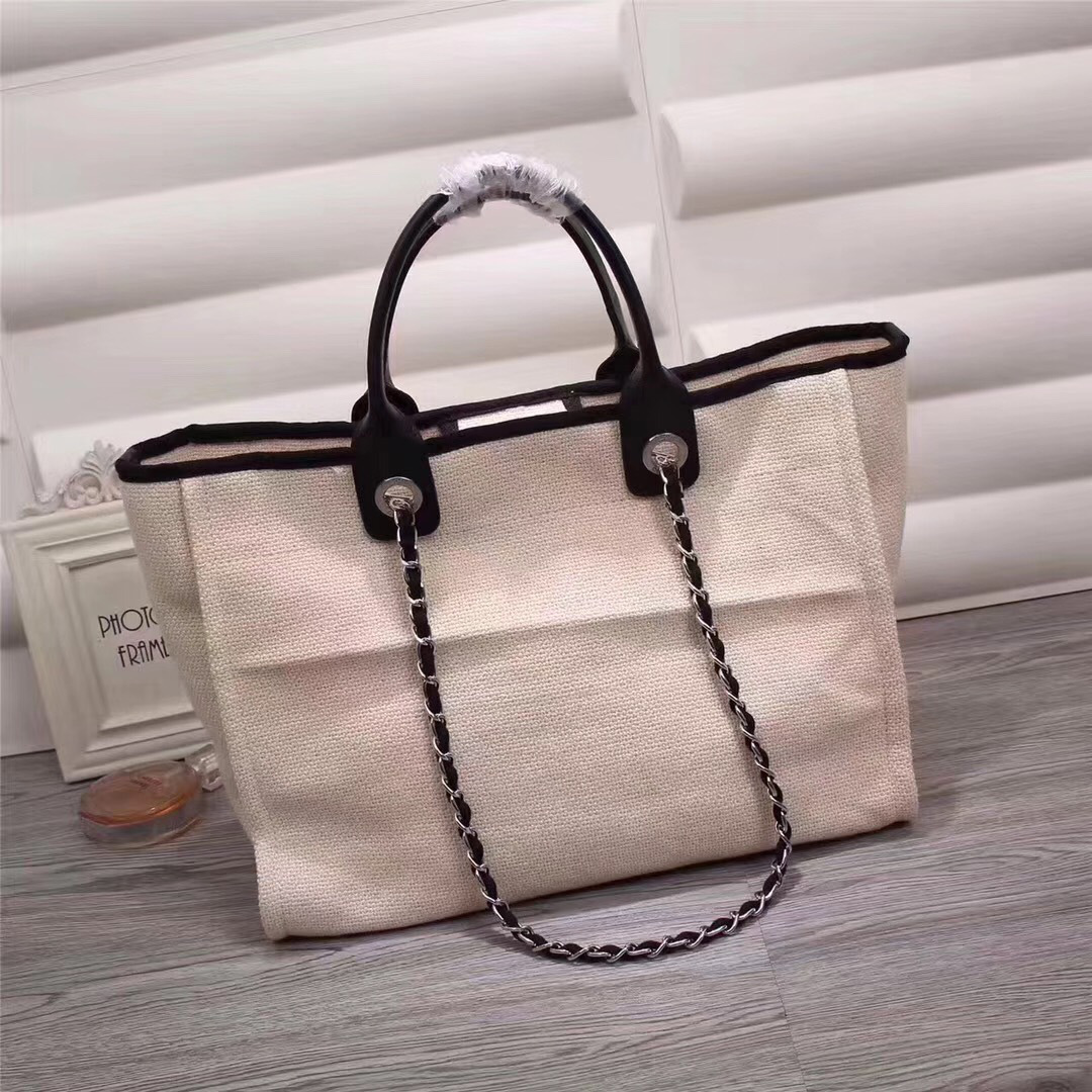 Ch**el Canvas Large Deauville Tote Bag Beige A66942